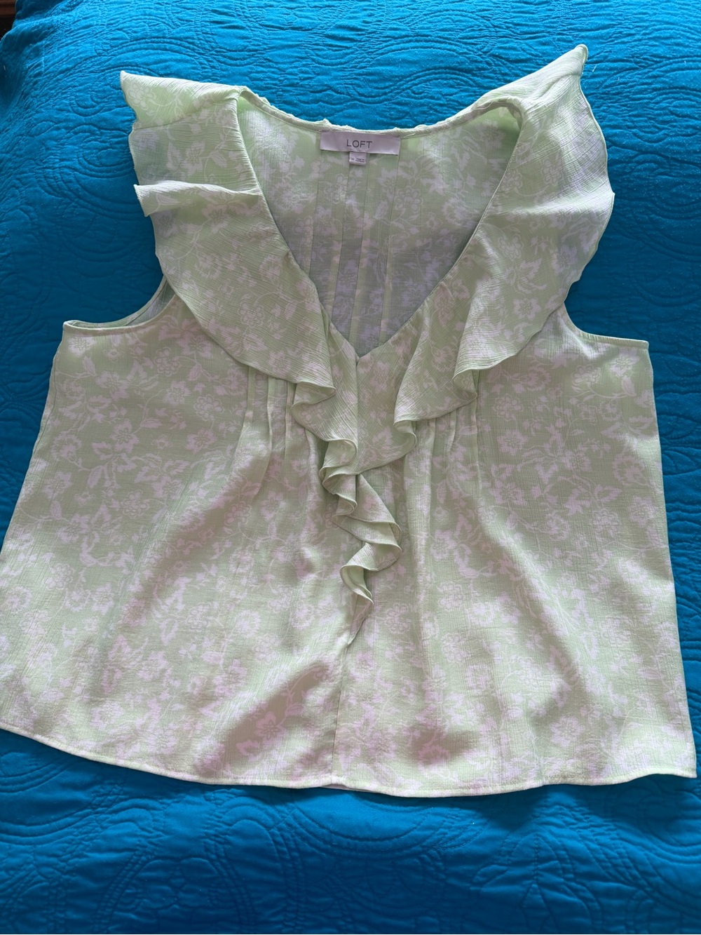 LOFT Pale Green Floral Ruffle Neck Sleeveless Top
